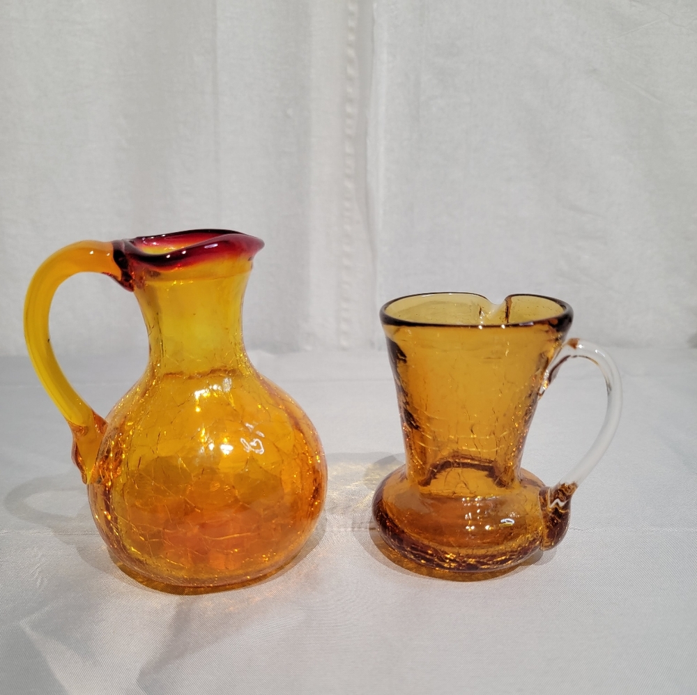 Vintage Amber Crackle Glass Miniature Pitchers